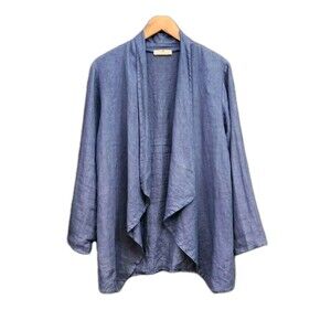 Lands Downunder Sz. L Navy Open Front Waterfall Layering Linen Cardigan
